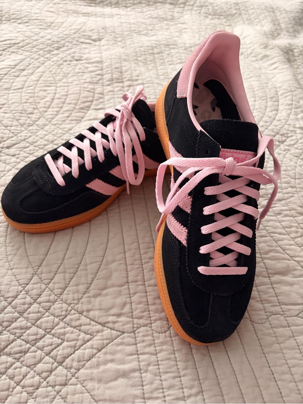 Adidas Handball Spezial Black and Pink Women's Suede Sneakers with Gum Sole